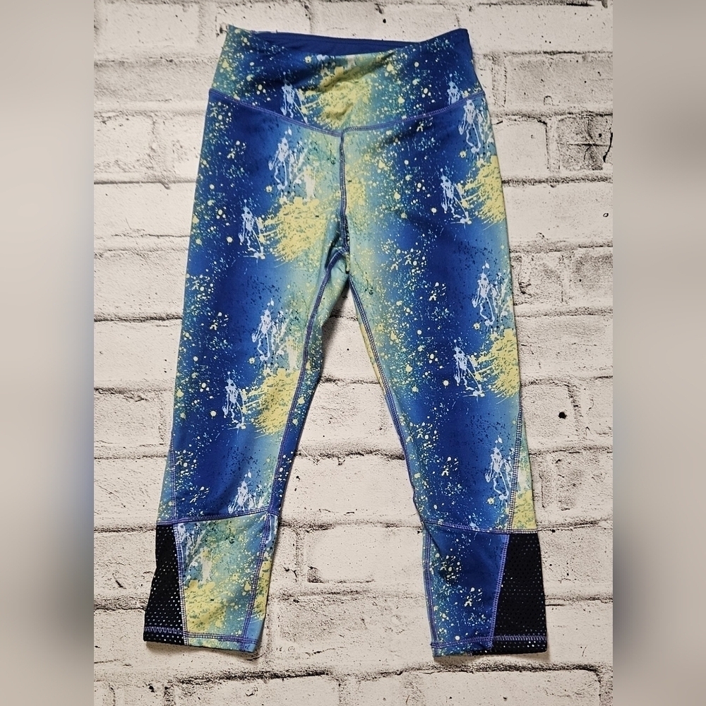 Kyodan Blue Yellow Abstract Print Capri Leggings Womens XS Activewear